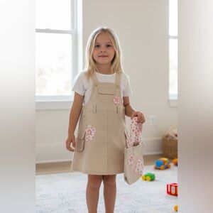 Kids Tan Overall Dress with Floral Accents and Matching Purse  Size 4T